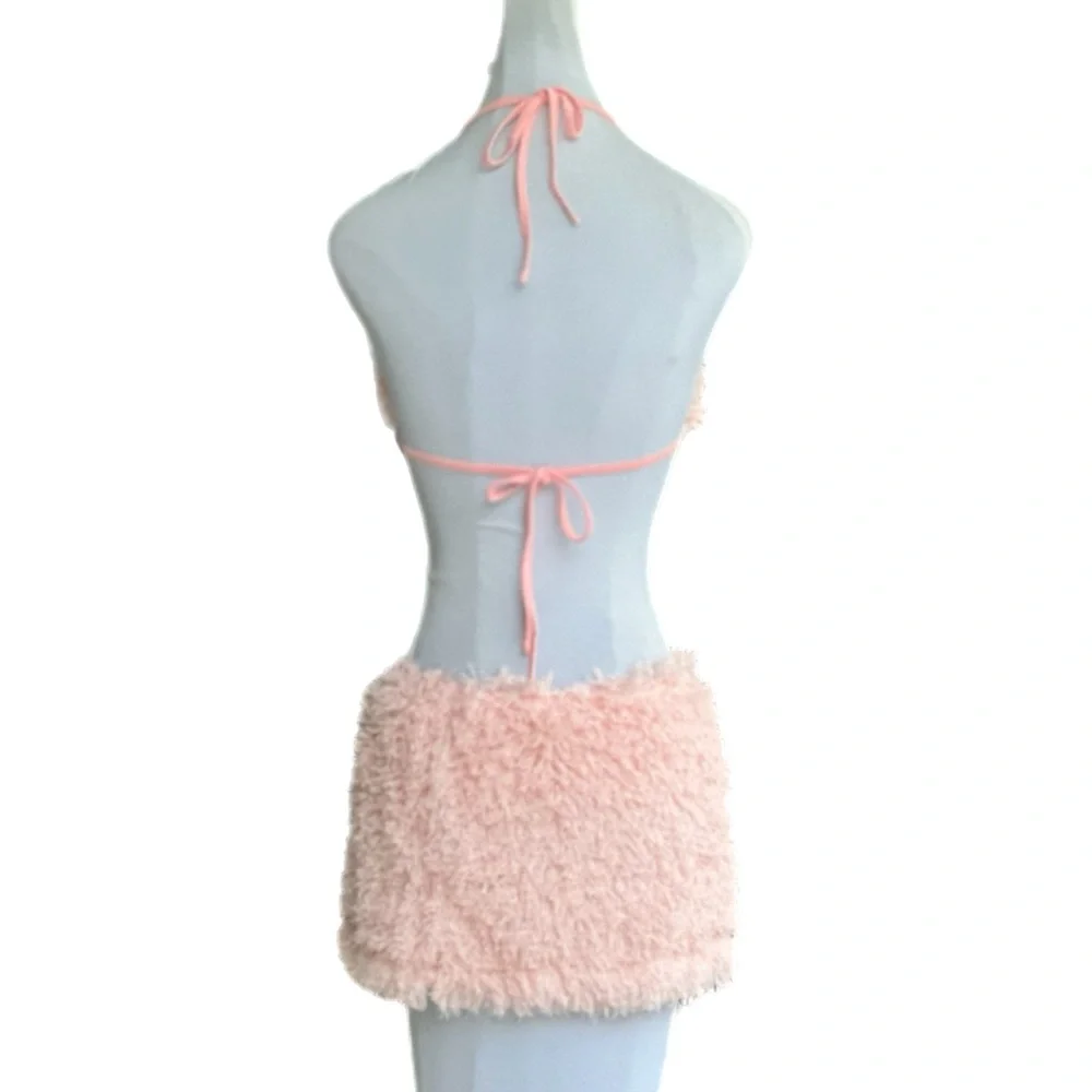 SHEIN ICON Tie Backless Fuzzy Halter Top and Bodycon Skort Size M New EU…